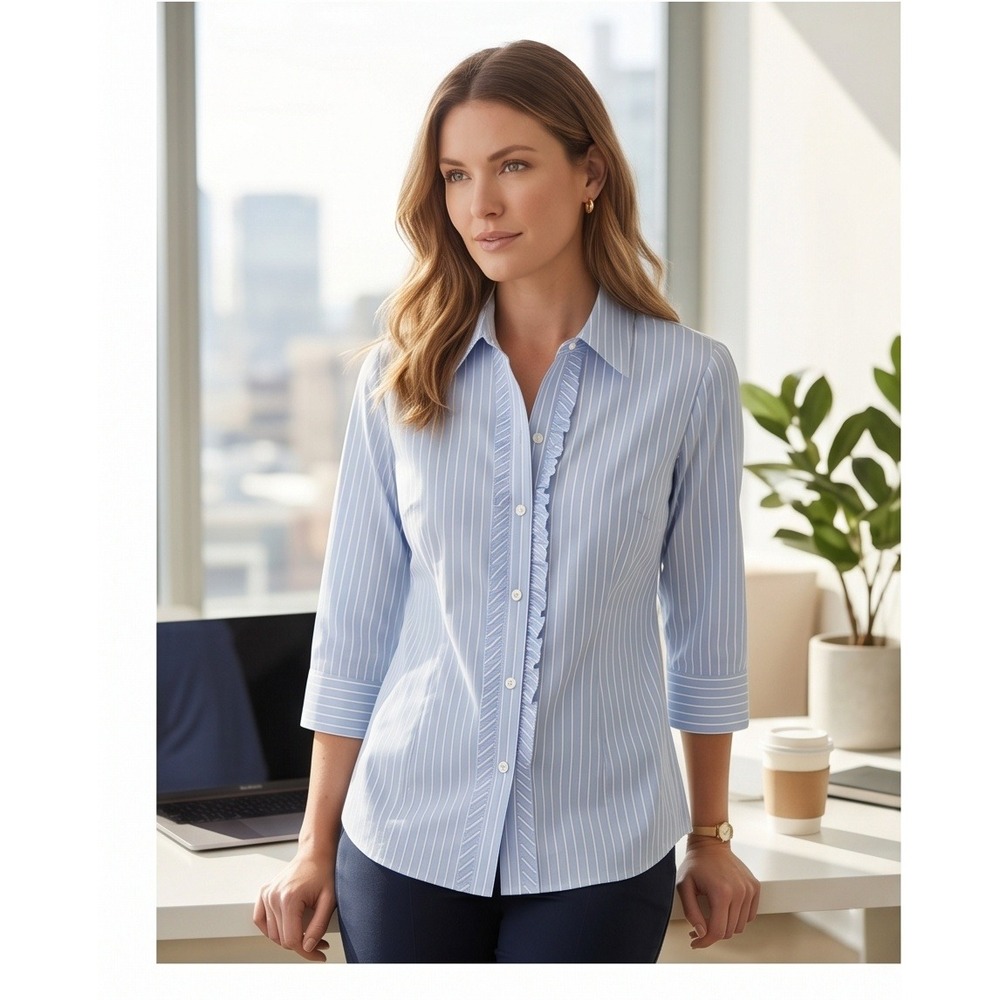 Foxcroft Womens 14W Blue White Striped Wrinkle Free Button Up Shirt Shaped Fit